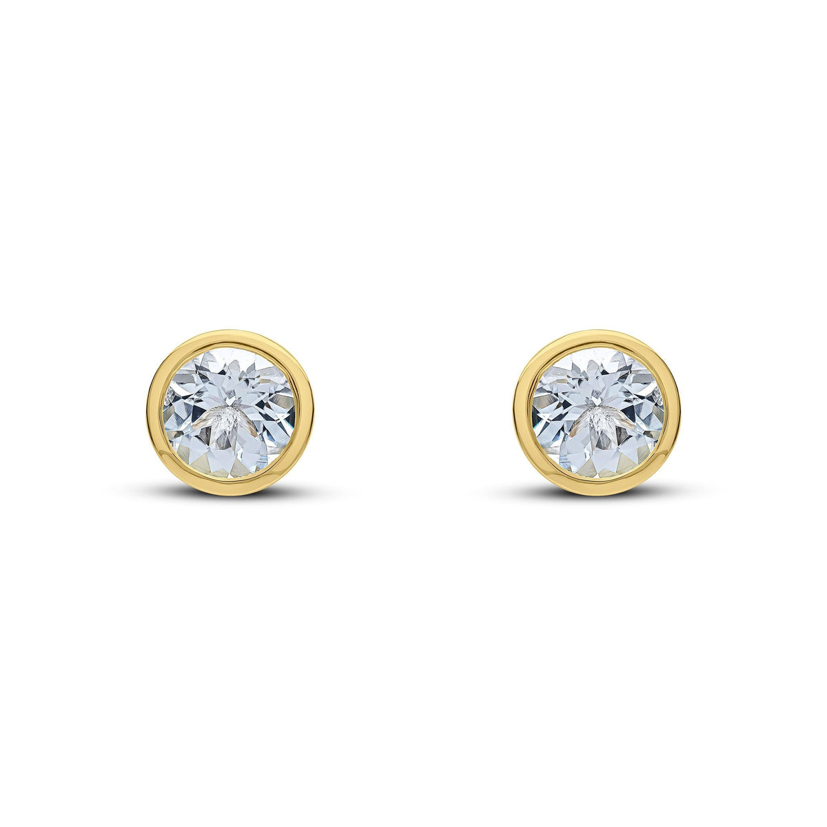 9ct Yellow Gold Round Natural Aquamarine Rubover Stud Earrings — 6mm