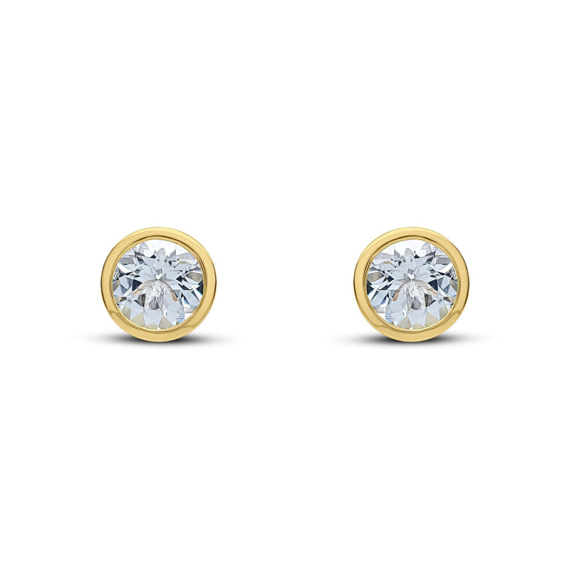 9ct Yellow Gold Round Natural Aquamarine Rubover Stud Earrings — 6mm