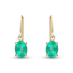 9ct Yellow Gold Oval Natural Emerald Claw Hook Wire Drop Earrings — 7x5mm