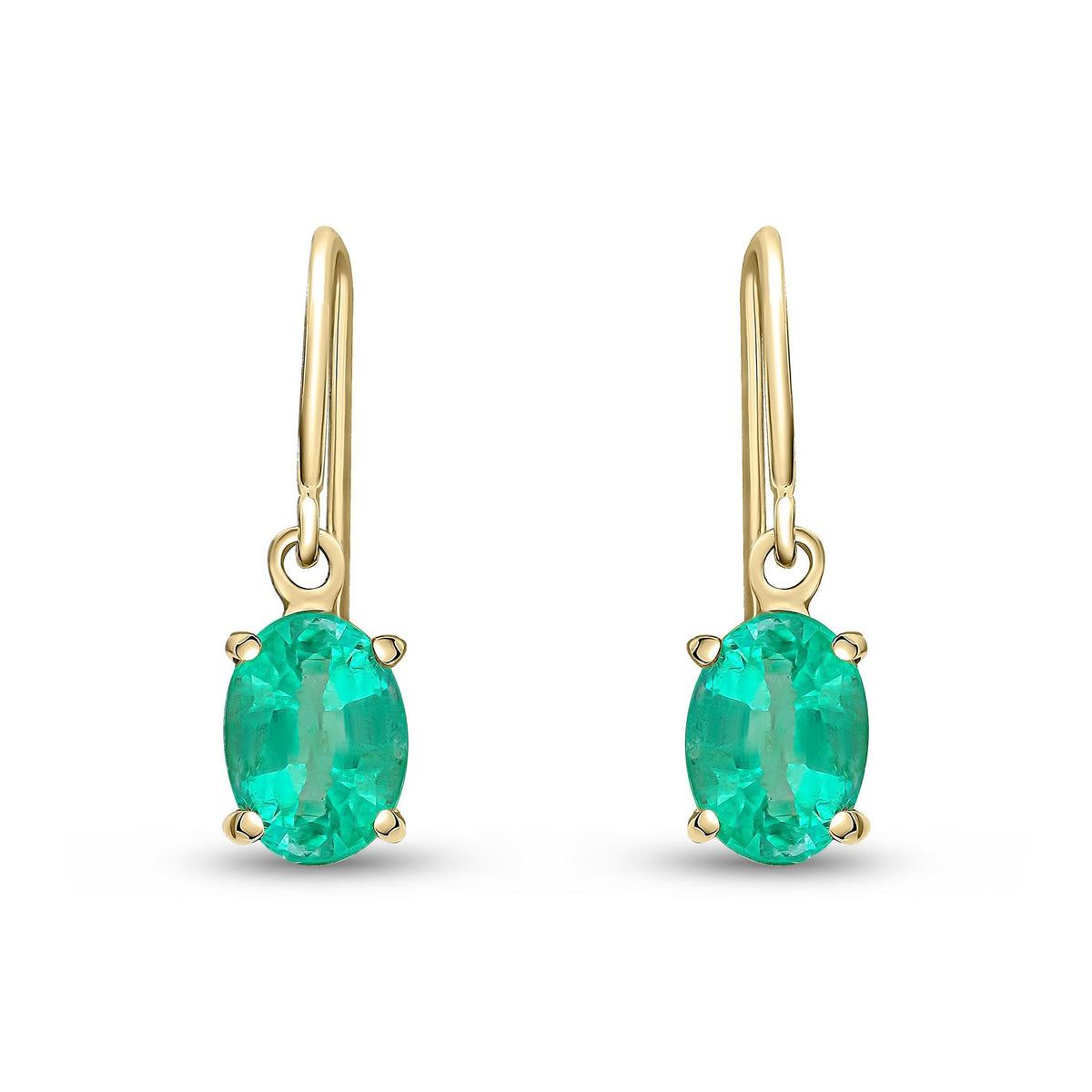 9ct Yellow Gold Oval Natural Emerald Claw Hook Wire Drop Earrings — 7x5mm