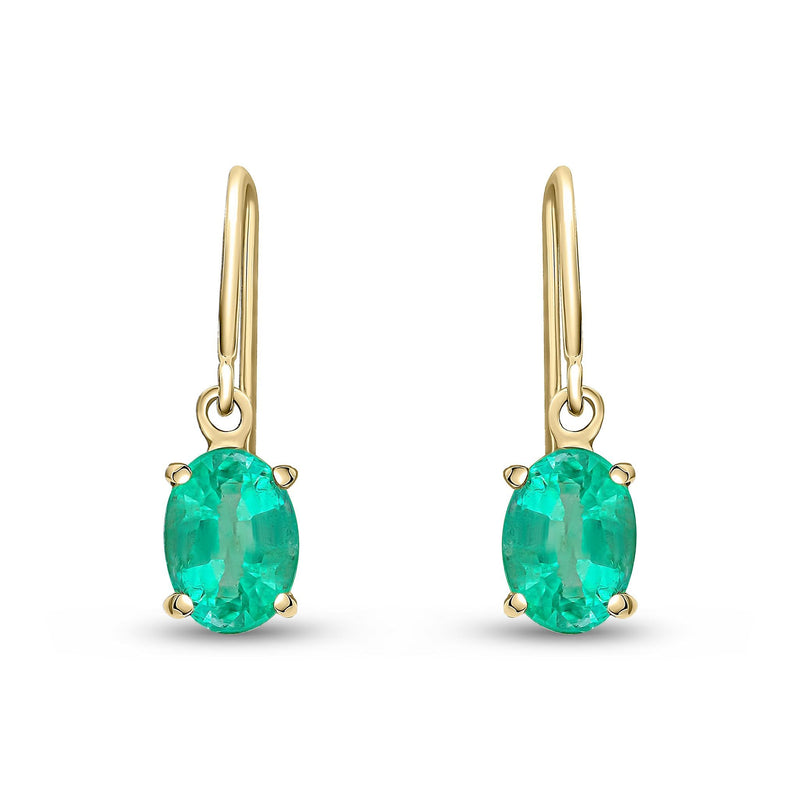 9ct Yellow Gold Oval Natural Emerald Claw Hook Wire Drop Earrings — 7x5mm