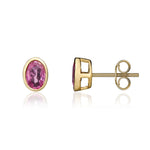 9ct Yellow Gold Oval Natural Pink Sapphire Rubover Stud Earrings — 6x4mm