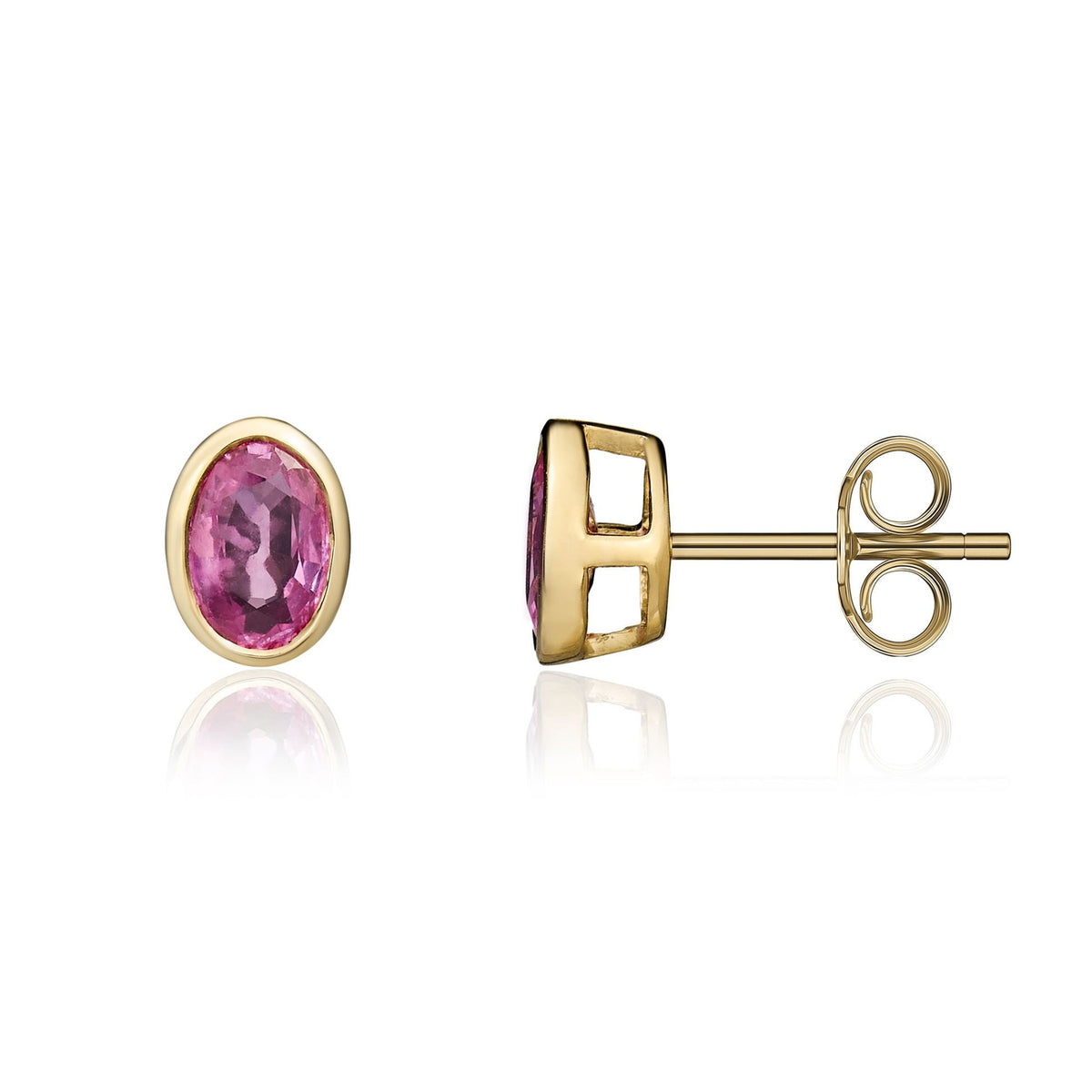 9ct Yellow Gold Oval Natural Pink Sapphire Rubover Stud Earrings — 6x4mm