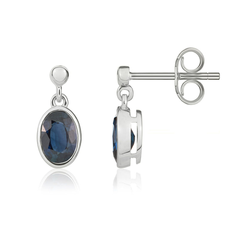 9ct White Gold Oval Natural Sapphire Rubover Drop Earrings — 6x4mm
