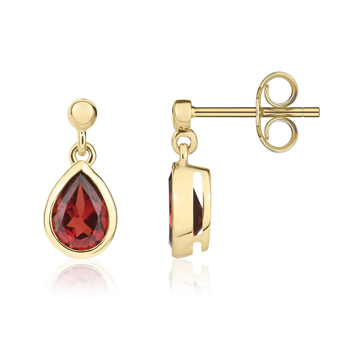 9ct Yellow Gold Pear Shaped Natural Garnet Rubover Drop Earrings — 7x5mm