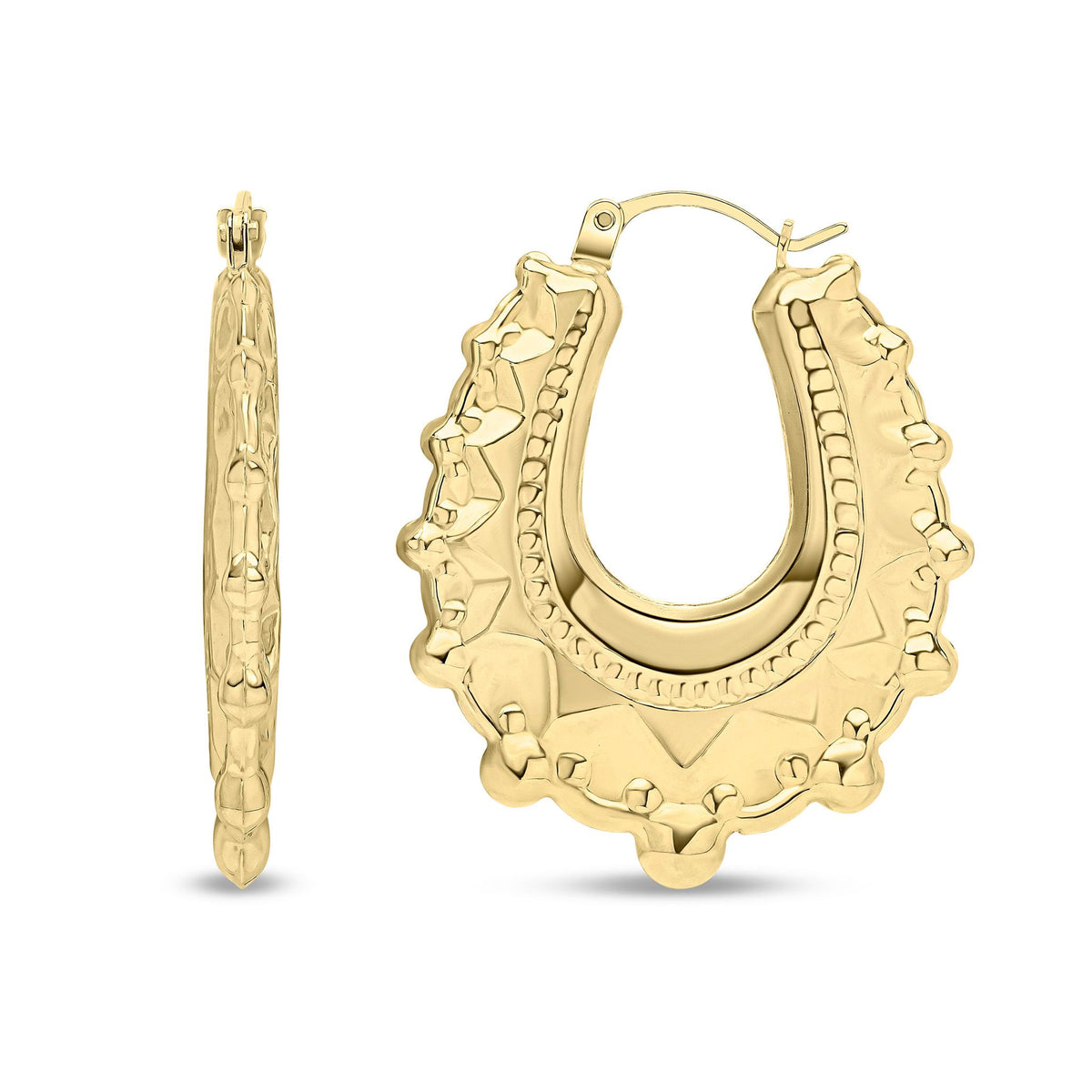 9ct Yellow Gold Spiked Edge Oval Creole Hoop Earrings
