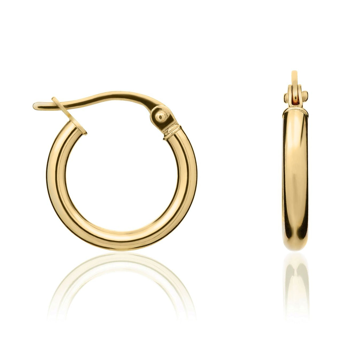 18ct Gold Polished Round Tube Hoop Earrings — 14mm
