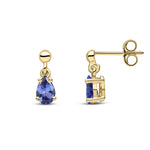 9ct Yellow Gold Pear Shaped Natural Tanzanite Claw Drop Earrings — 6x4mm