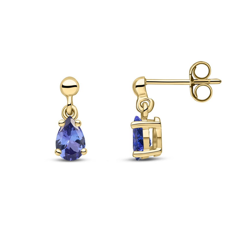 9ct Yellow Gold Pear Shaped Natural Tanzanite Claw Drop Earrings — 6x4mm