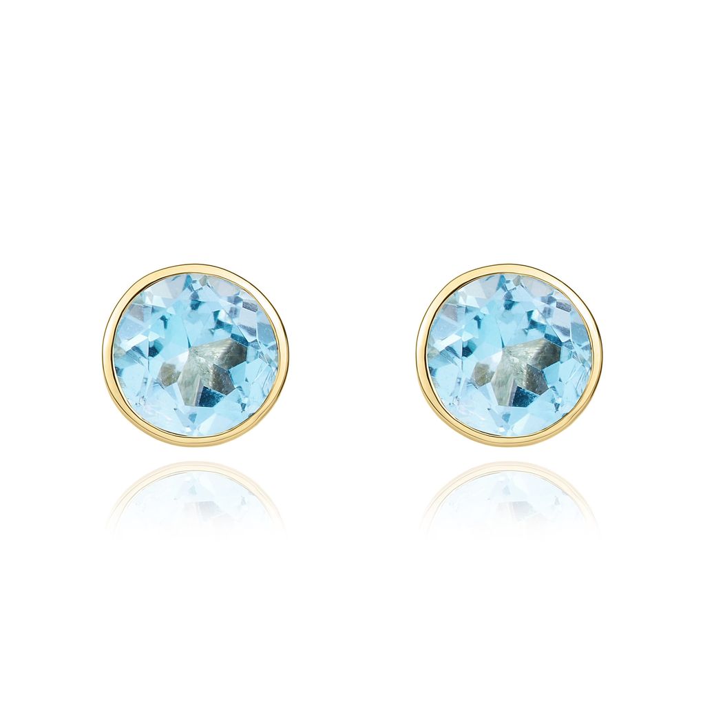 9ct Yellow Gold Round Natural Swiss Blue Topaz Rubover Stud Earrings — 5mm