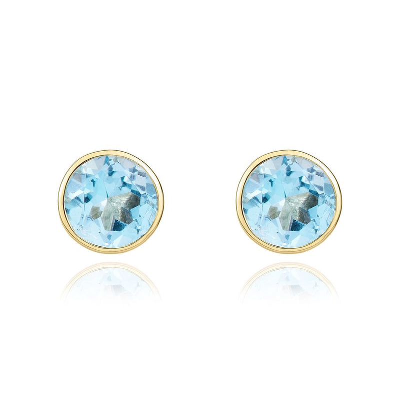 9ct Yellow Gold Round Natural Swiss Blue Topaz Rubover Stud Earrings — 5mm