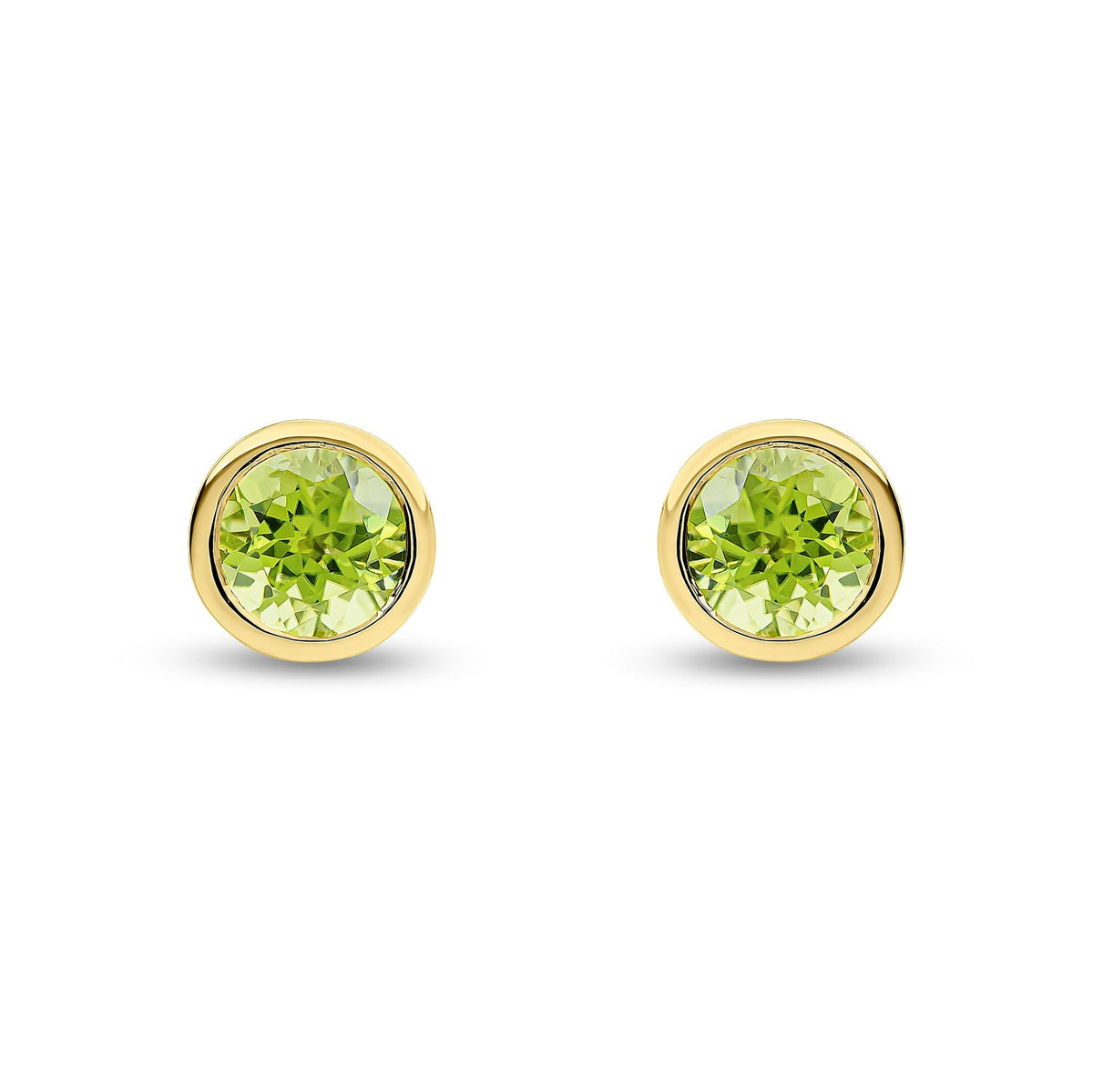 9ct Yellow Gold Round Natural Peridot Rubover Stud Earrings — 6mm
