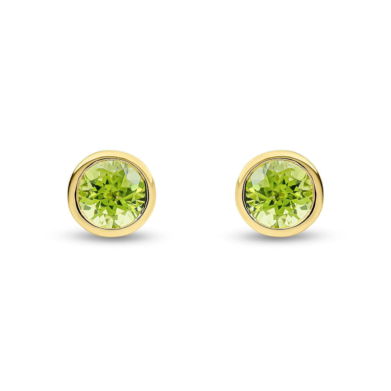 9ct Yellow Gold Round Natural Peridot Rubover Stud Earrings — 6mm