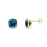 9ct Yellow Gold Cushion Natural London Blue Topaz Claw Stud Earrings — 8mm