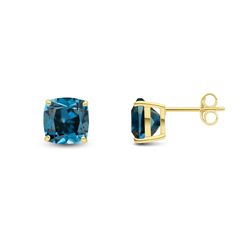 9ct Yellow Gold Cushion Natural London Blue Topaz Claw Stud Earrings — 8mm