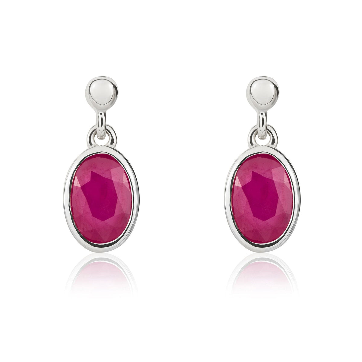 9ct White Gold Oval Natural Ruby Rubover Drop Earrings — 6x4mm