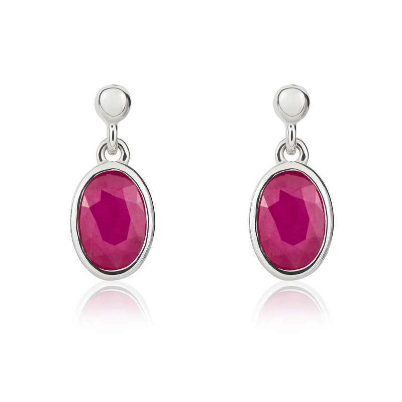 9ct White Gold Oval Natural Ruby Rubover Drop Earrings — 6x4mm