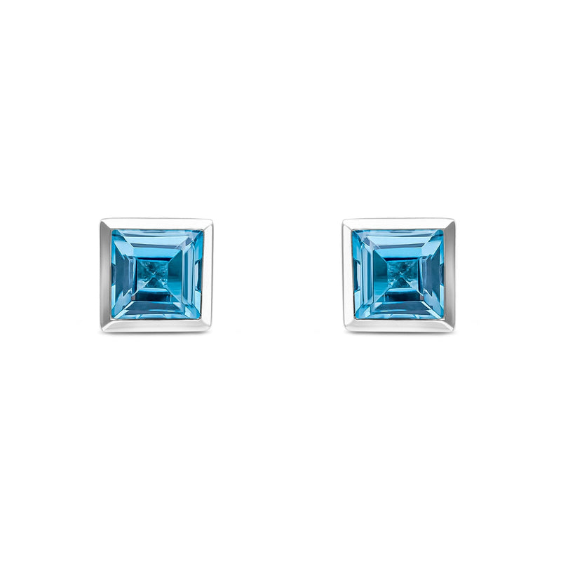 9ct White Gold Square Natural Swiss Blue Topaz Rubover Stud Earrings — 5mm