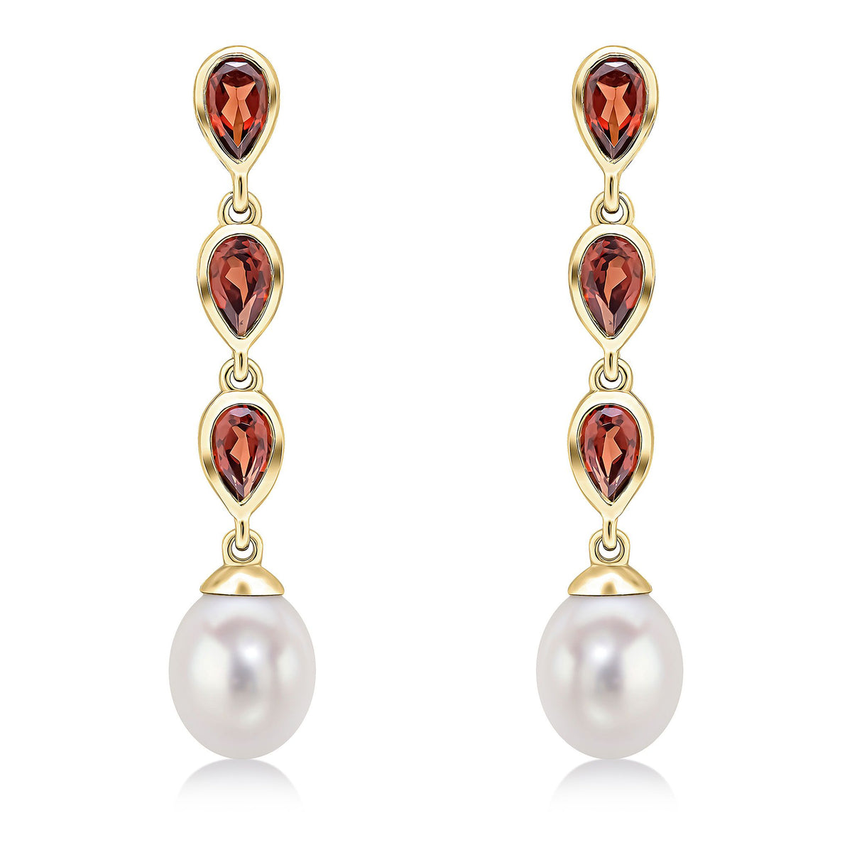 9ct Gold Pearl and Pear Shaped Gemstone Triple Drop Earrings