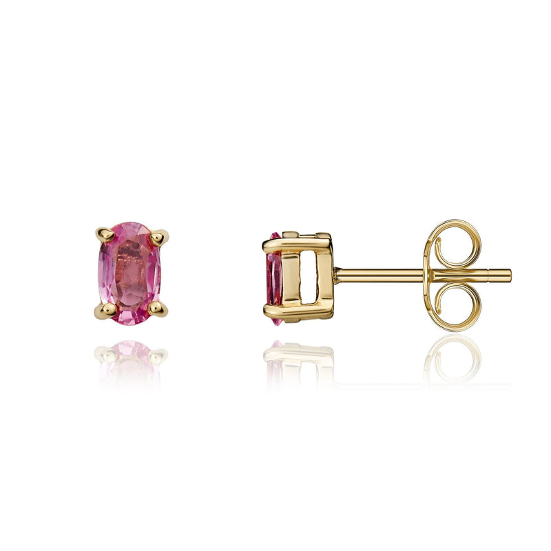 9ct Yellow Gold Oval Natural Pink Sapphire Claw Stud Earrings — 5x3mm