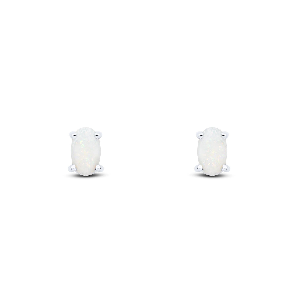 9ct White Gold Oval Natural Opal Claw Stud Earrings — 5x3mm