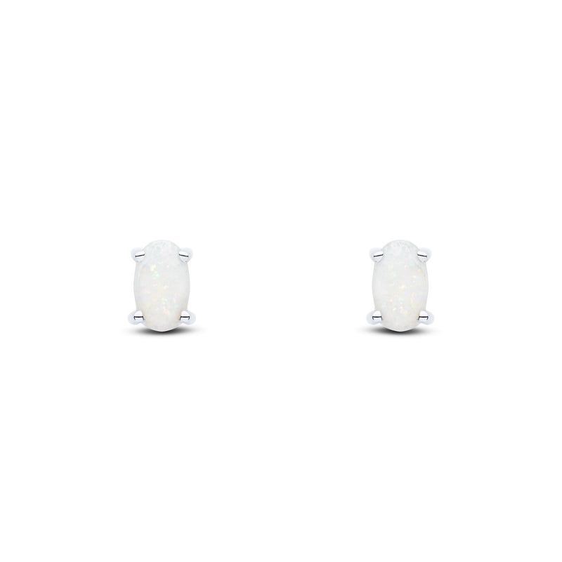 9ct White Gold Oval Natural Opal Claw Stud Earrings — 5x3mm
