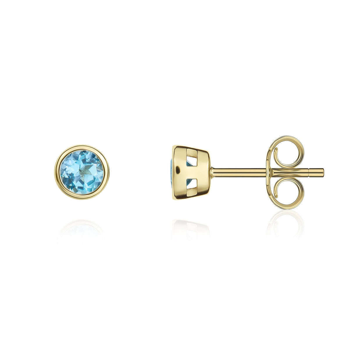 9ct Yellow Gold Round Natural Swiss Blue Topaz Rubover Stud Earrings — 3mm