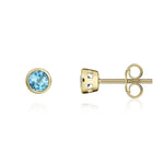 9ct Yellow Gold Round Natural Swiss Blue Topaz Rubover Stud Earrings — 3mm