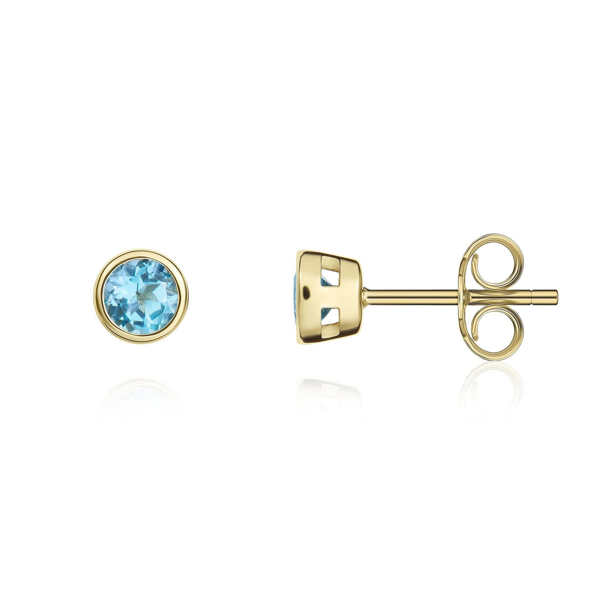 9ct Yellow Gold Round Natural Swiss Blue Topaz Rubover Stud Earrings — 3mm