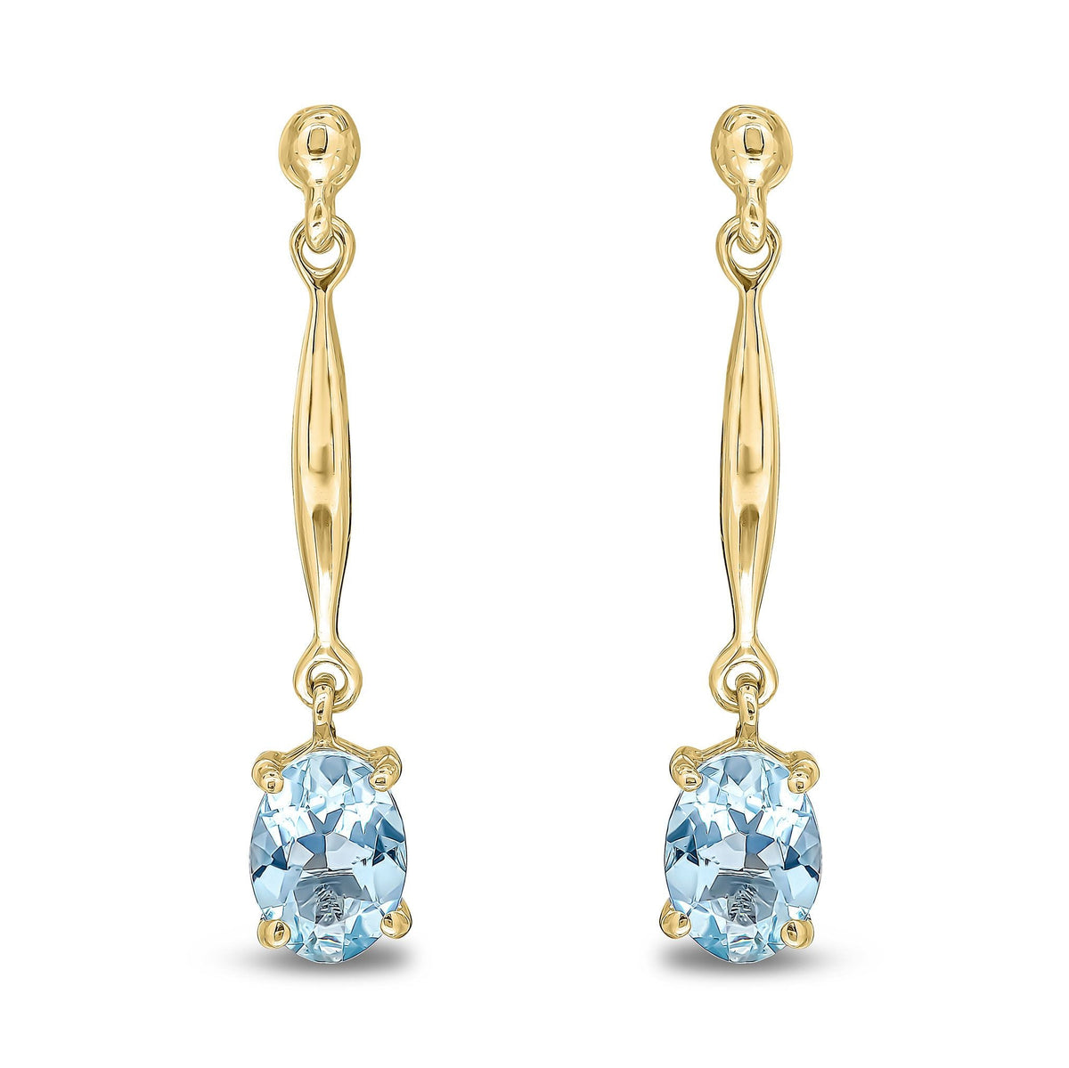 9ct Yellow Gold Oval Natural Aquamarine Claw Bar Drop Earrings — 7x5mm