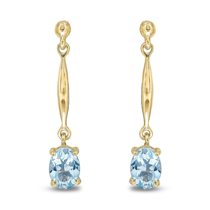 9ct Yellow Gold Oval Natural Aquamarine Claw Bar Drop Earrings — 7x5mm