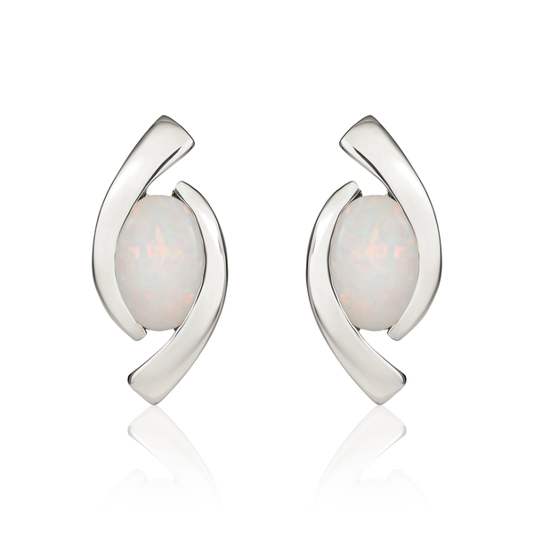 9ct White Gold Oval Natural Opal 'Eye' Stud Earrings — 6x4mm