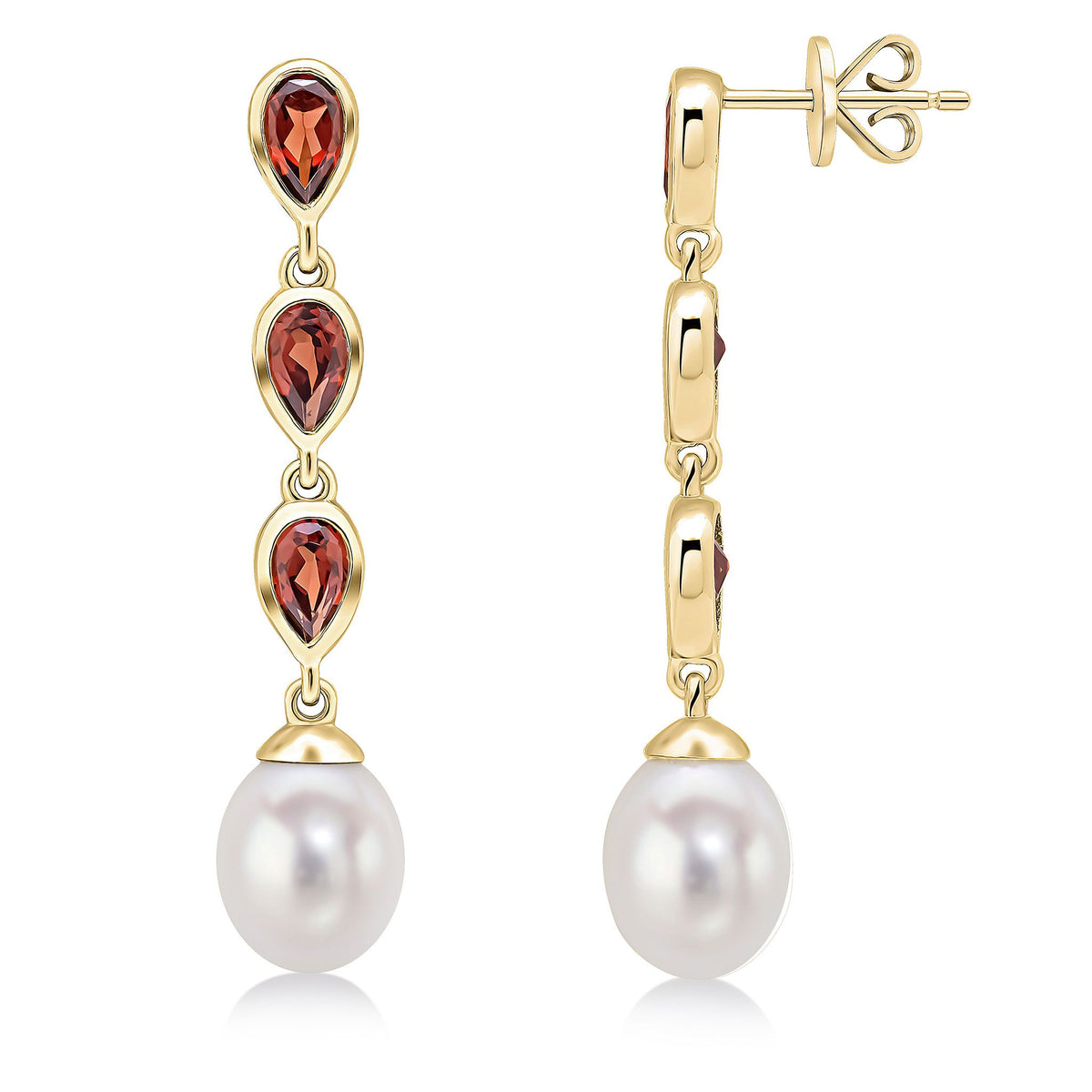 9ct Gold Pearl and Pear Shaped Gemstone Triple Drop Earrings