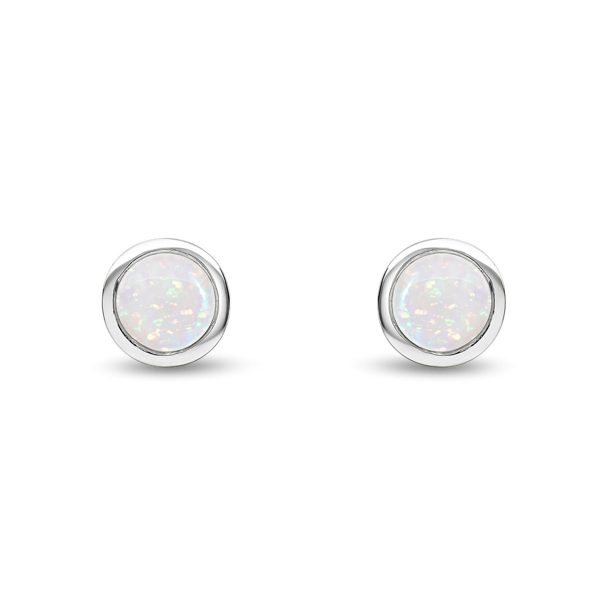 9ct White Gold Round Natural Opal Rubover Stud Earrings — 6mm