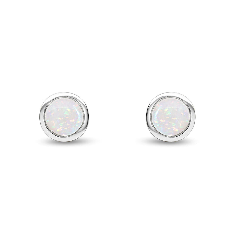 9ct White Gold Round Natural Opal Rubover Stud Earrings — 6mm