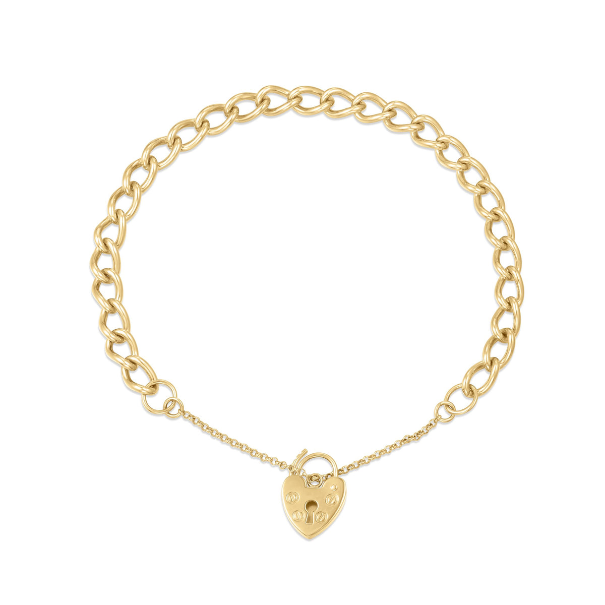 9ct Yellow Gold 5.7mm Open Curb Link Heart Padlock Bracelet