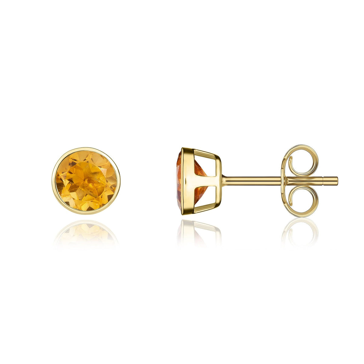 9ct Yellow Gold Round Natural Citrine Rubover Stud Earrings — 5mm