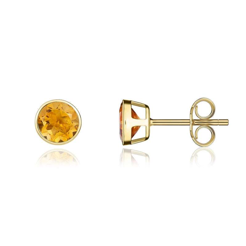 9ct Yellow Gold Round Natural Citrine Rubover Stud Earrings — 5mm