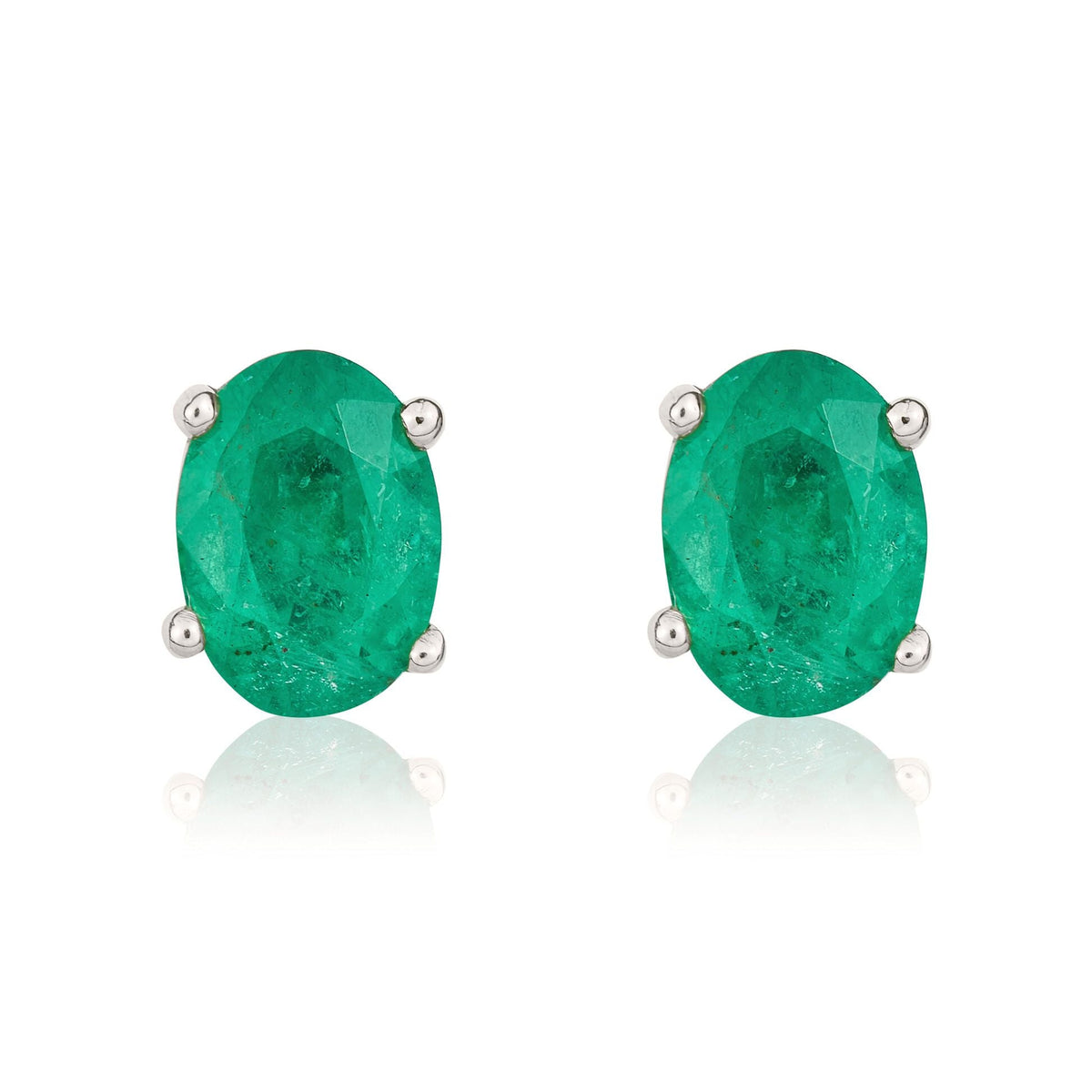 9ct White Gold Oval Natural Emerald Claw Stud Earrings — 7x5mm