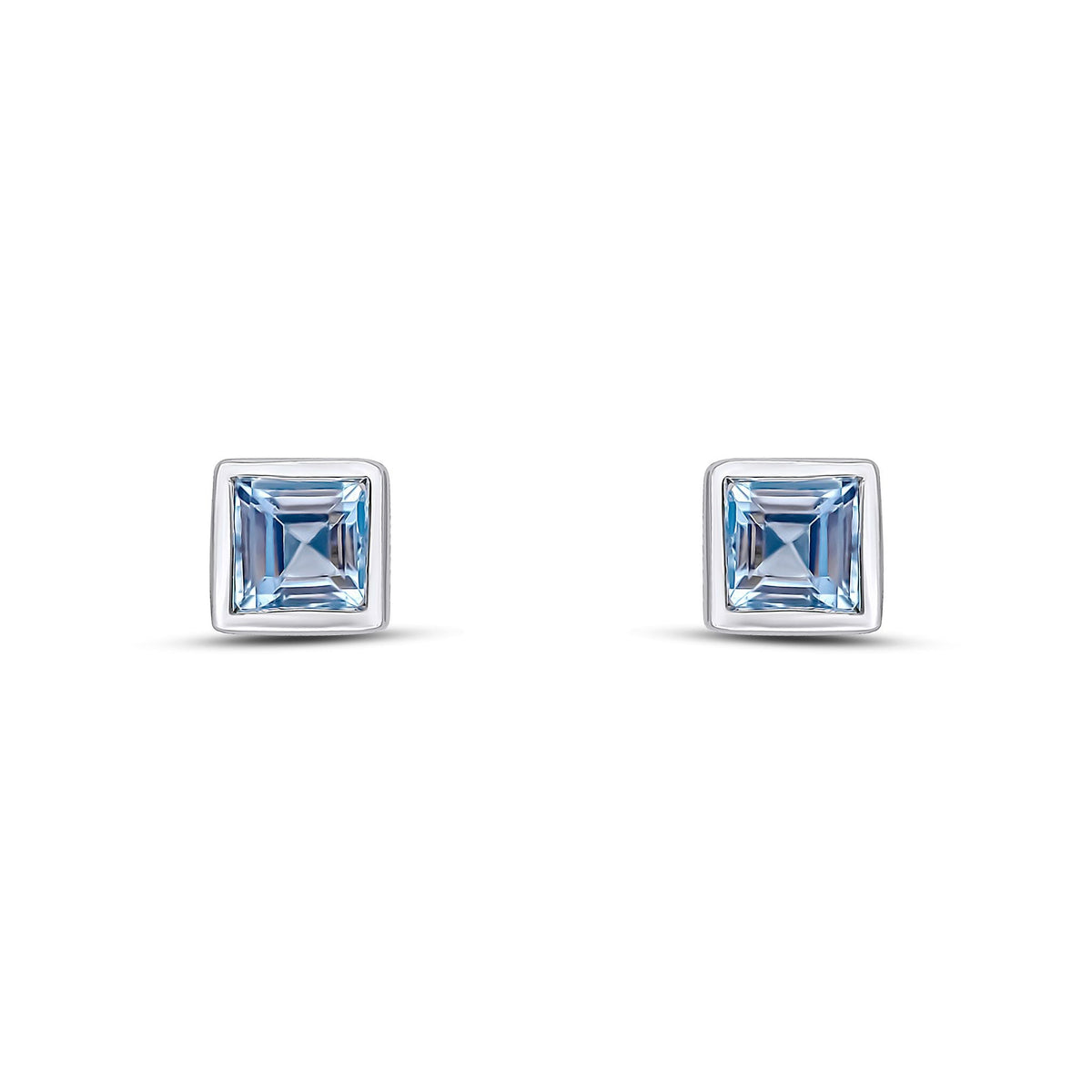 9ct White Gold Square Natural Aquamarine Rubover Stud Earrings — 3mm