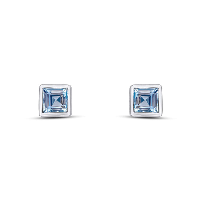 9ct White Gold Square Natural Aquamarine Rubover Stud Earrings — 3mm