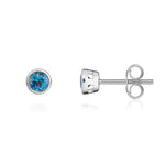 9ct White Gold Round Natural London Blue Topaz Rubover Stud Earrings — 3mm