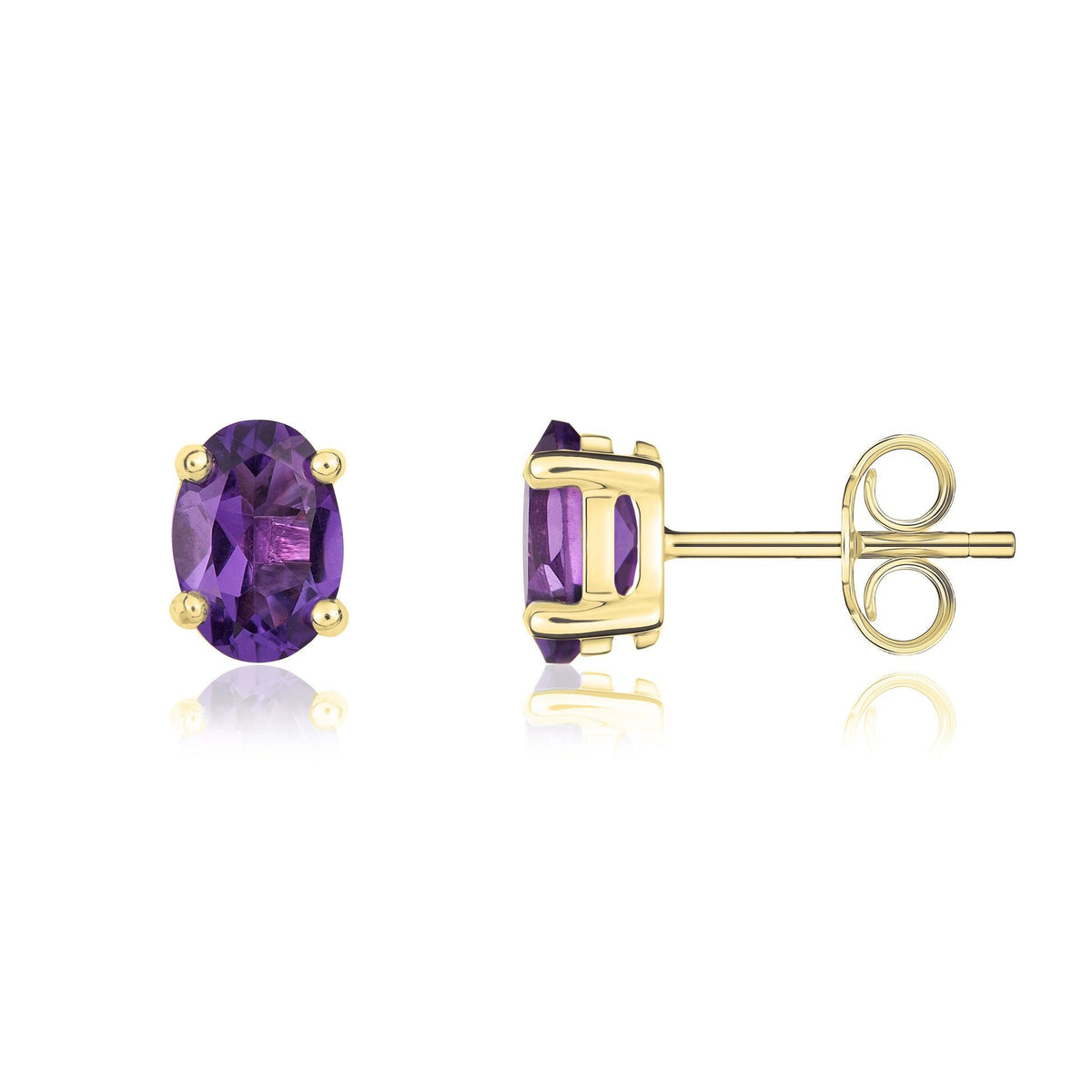 9ct Yellow Gold Oval Natural Amethyst Claw Stud Earrings — 7x5mm