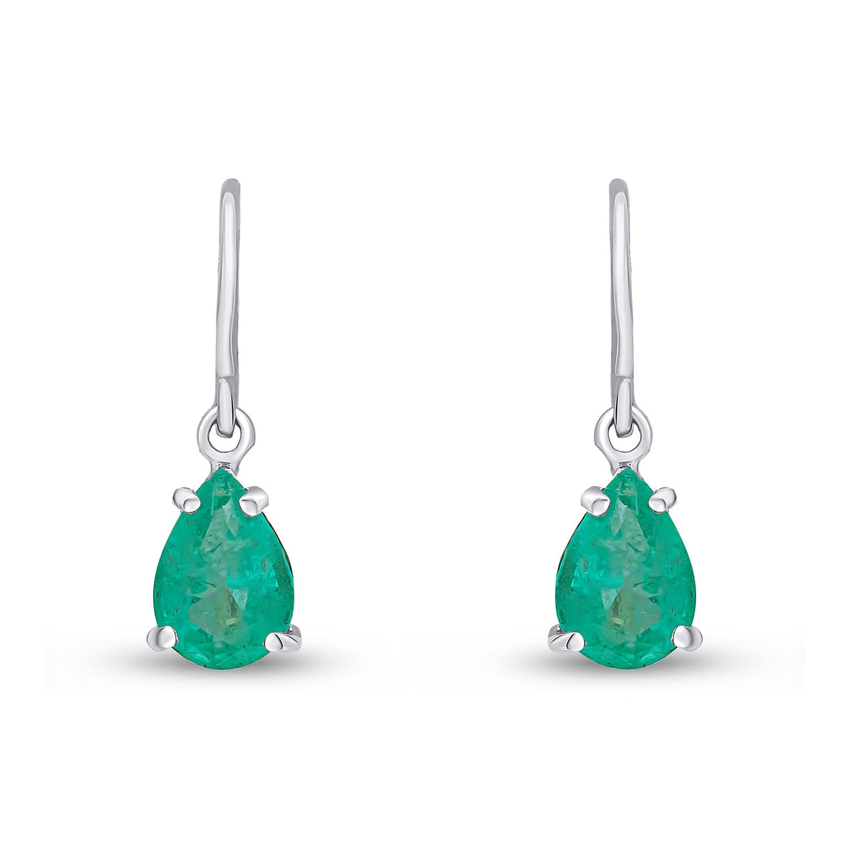 9ct White Gold Pear Shaped Natural Emerald Claw Wire Hook Drop Earrings