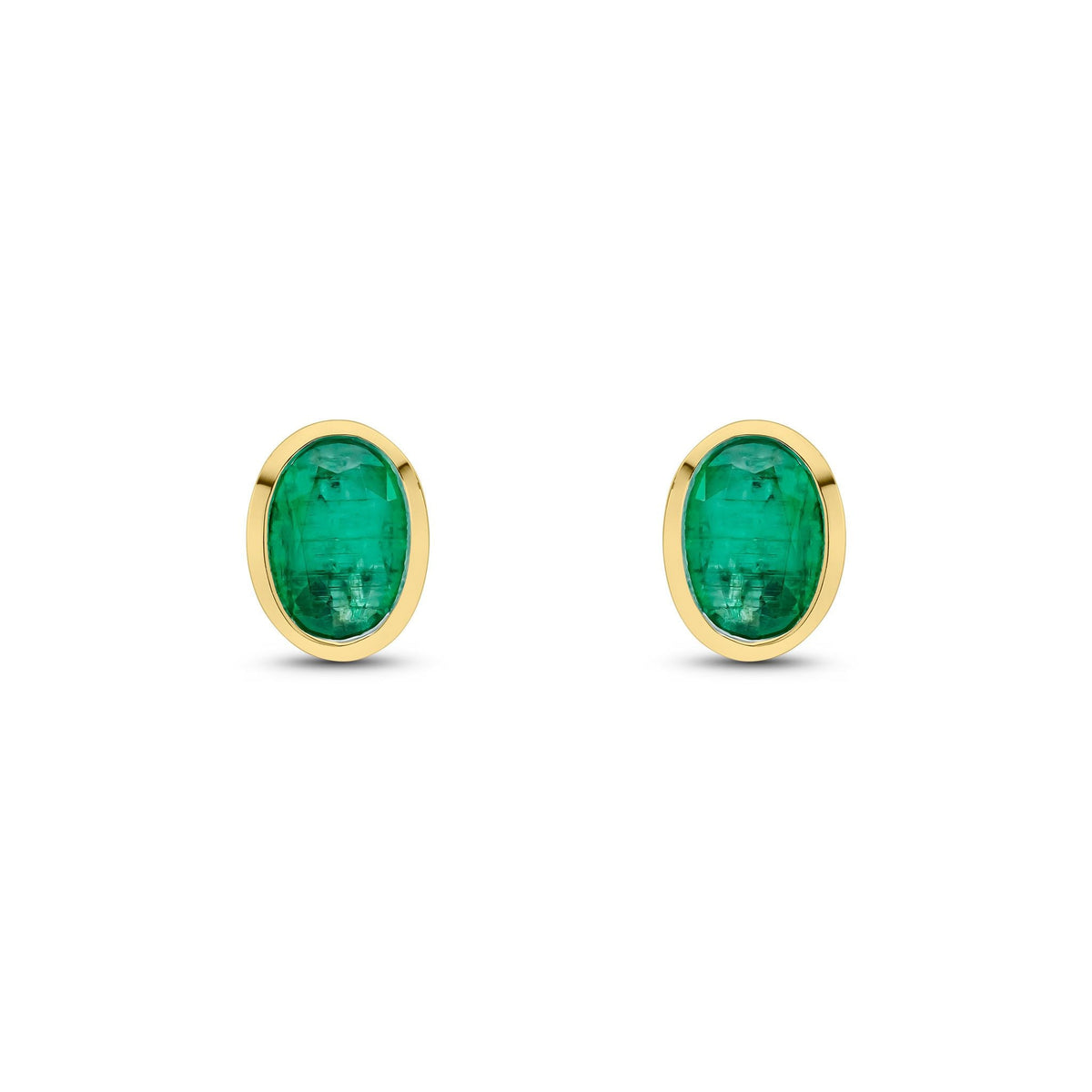 9ct Yellow Gold Oval Natural Emerald Rubover Stud Earrings — 7x5mm