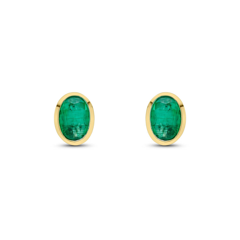 9ct Yellow Gold Oval Natural Emerald Rubover Stud Earrings — 7x5mm