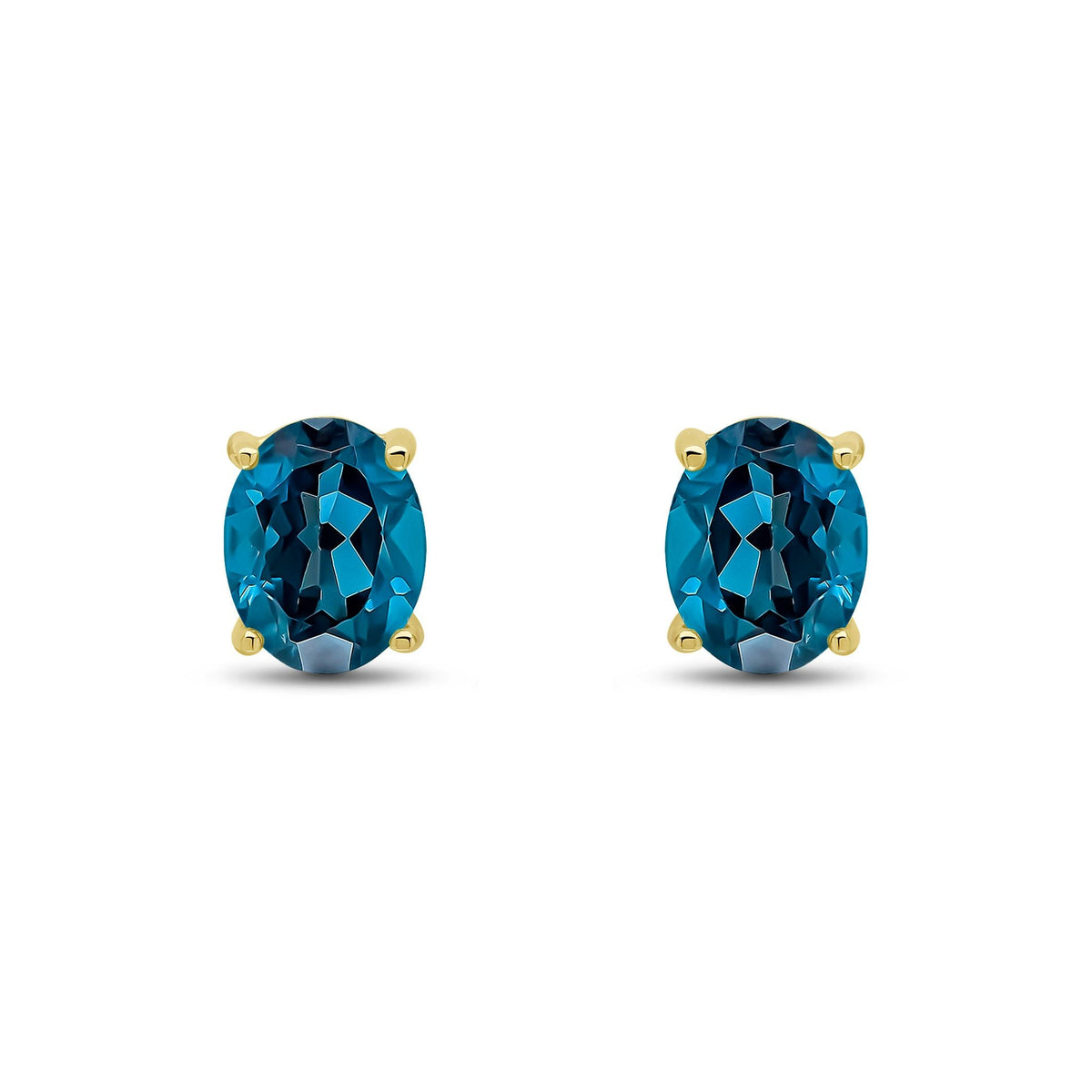 9ct Yellow Gold Oval Natural London Blue Topaz Claw Stud Earrings — 9x7mm