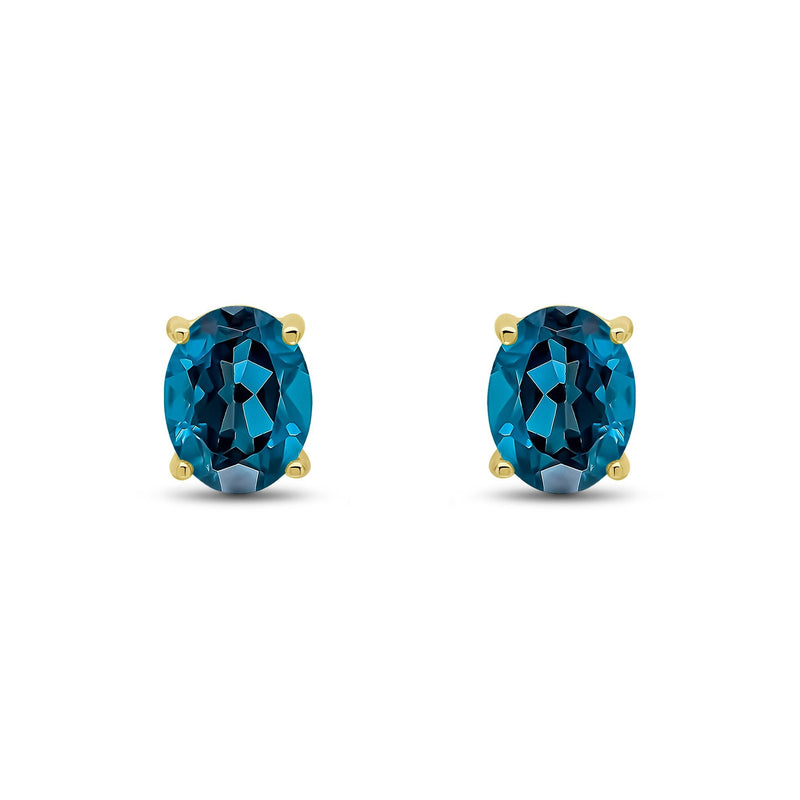 9ct Yellow Gold Oval Natural London Blue Topaz Claw Stud Earrings — 9x7mm