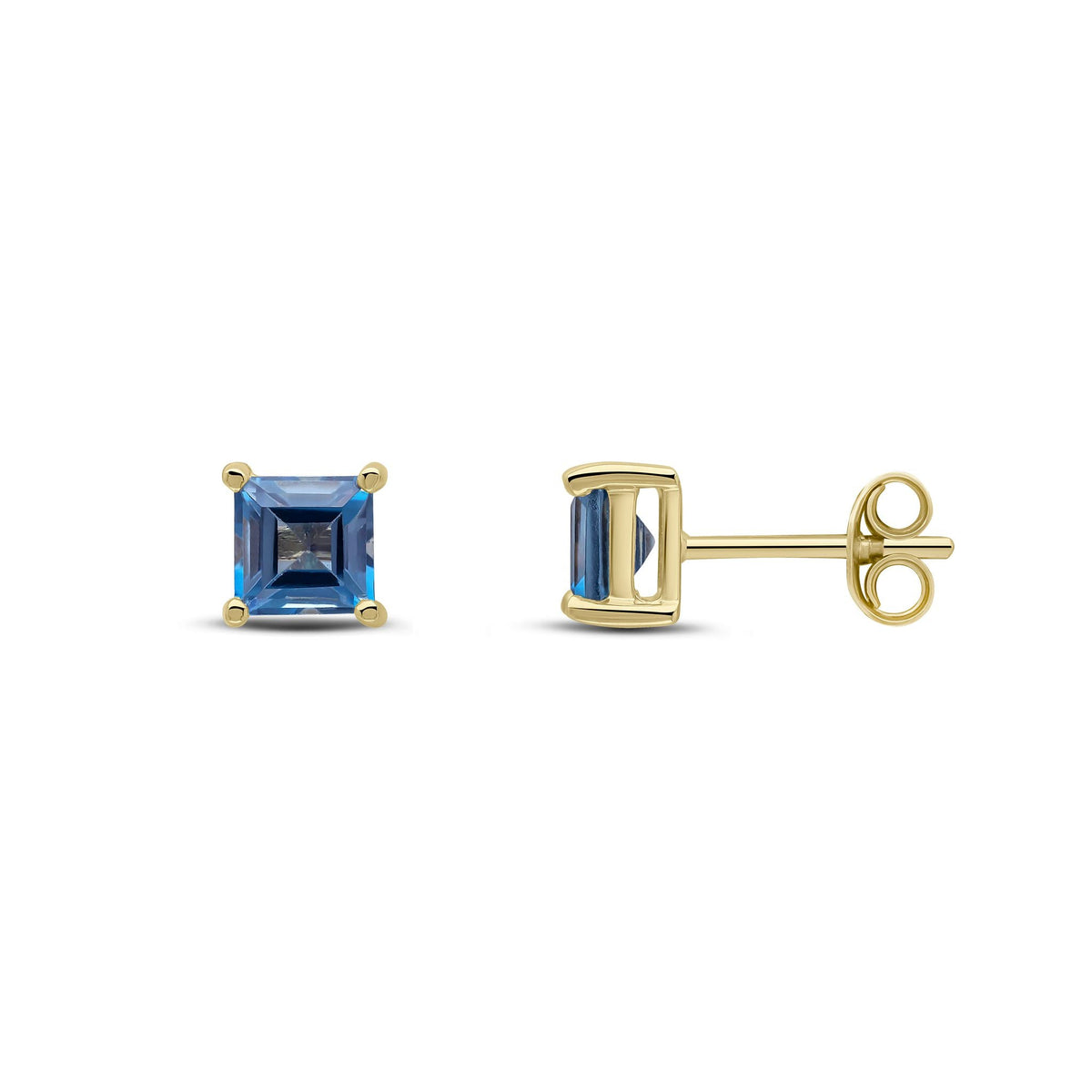 9ct Yellow Gold Square Natural London Blue Topaz Claw Stud Earrings — 5mm