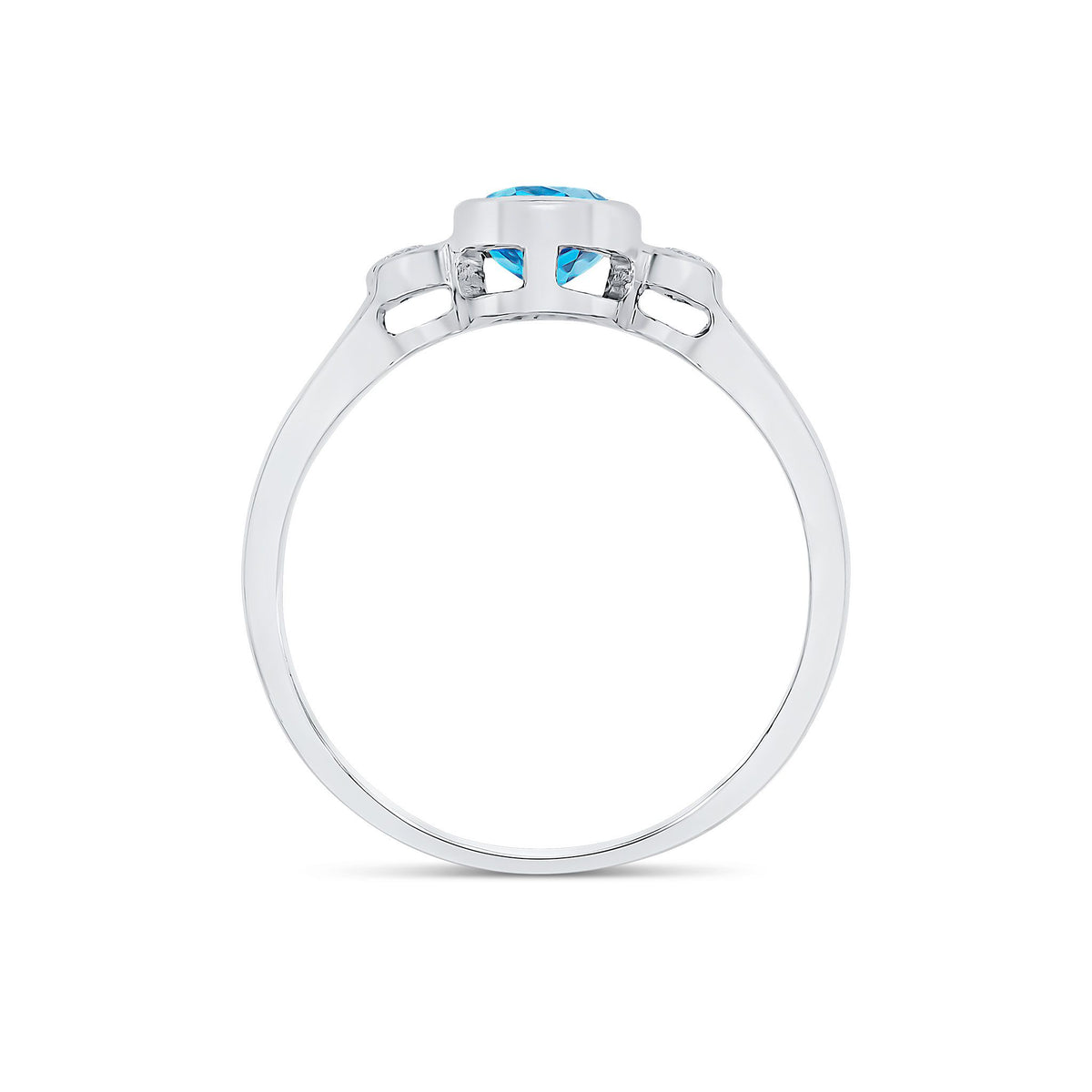 9ct White Gold Oval Natural Swiss Blue Topaz and Diamond Three Stone Rubover Ring